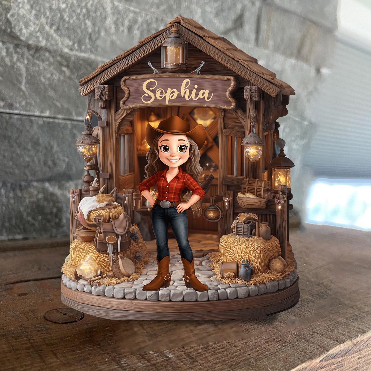 La grange de la cowgirl - Plaque en bois personnalisée en forme de cowgirl