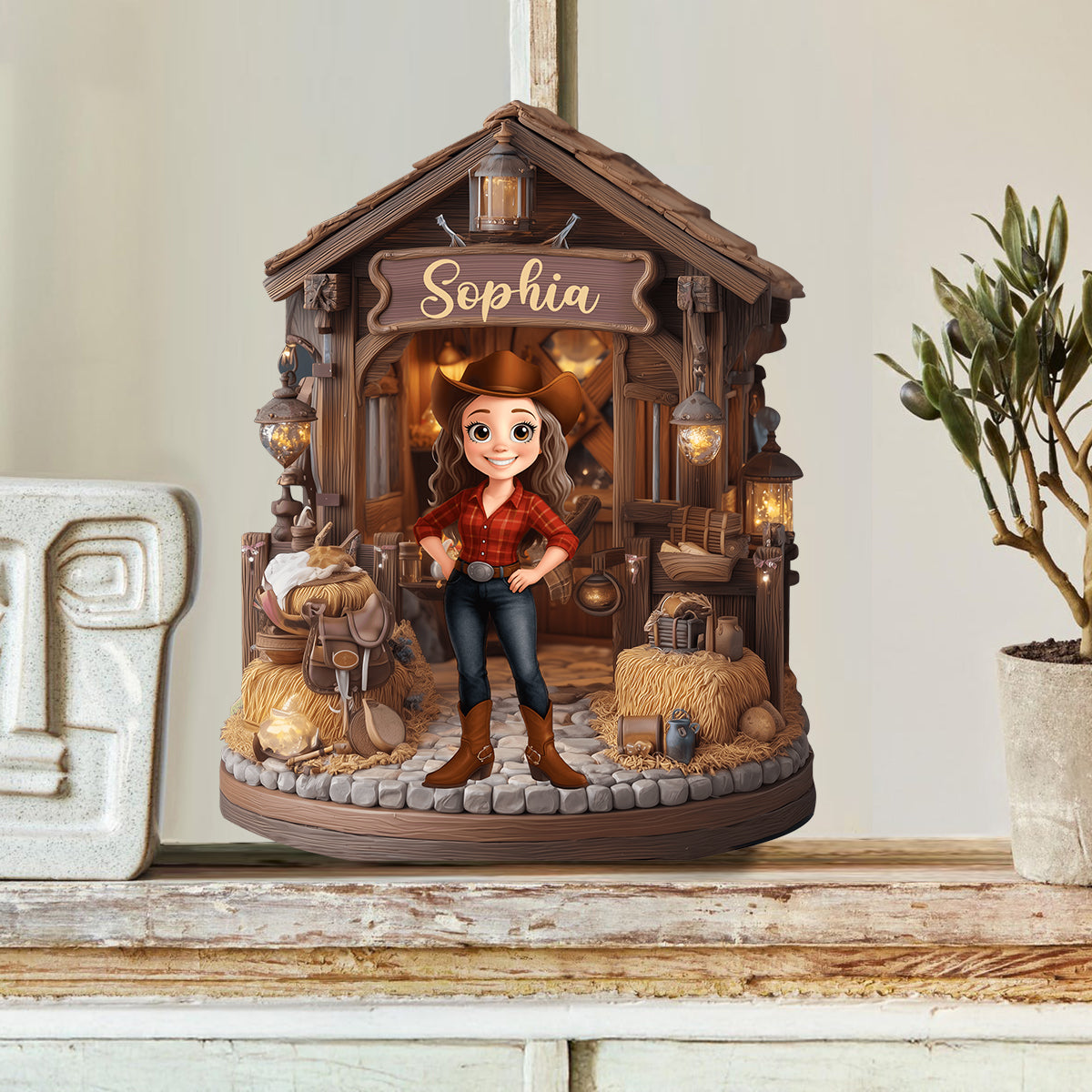 La grange de la cowgirl - Plaque en bois personnalisée en forme de cowgirl