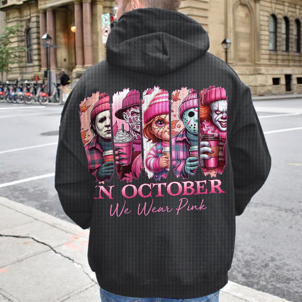 In October We Wear Pink Horror - Personalized Breast Cancer Awareness Waffle Hoodie