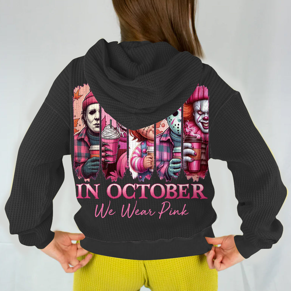 In October We Wear Pink Horror - Personalized Breast Cancer Awareness Waffle Hoodie