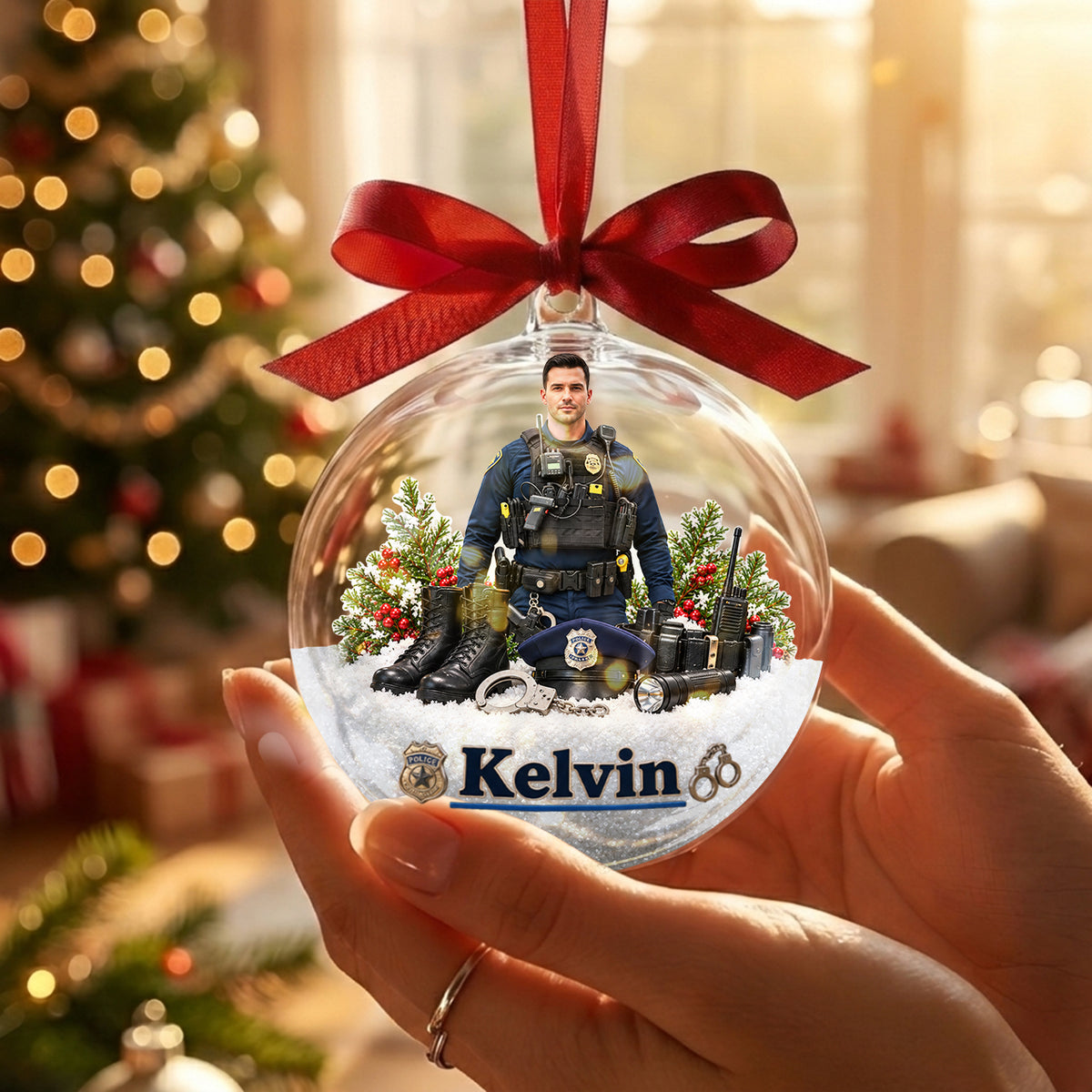 Merry Christmas - Personalized Police Officer Acrylic Ball Ornament