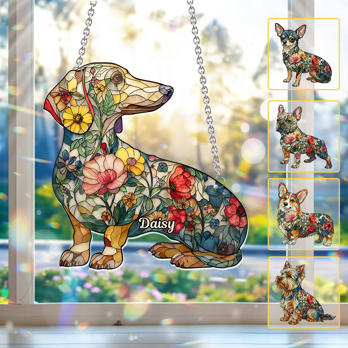 Floral Dogs - Personalized Dog Window Hanging Suncatcher Ornament
