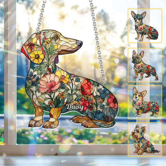 Chiens fleuris - Décoration attrape-soleil personnalisée à suspendre à la fenêtre, motif chien 