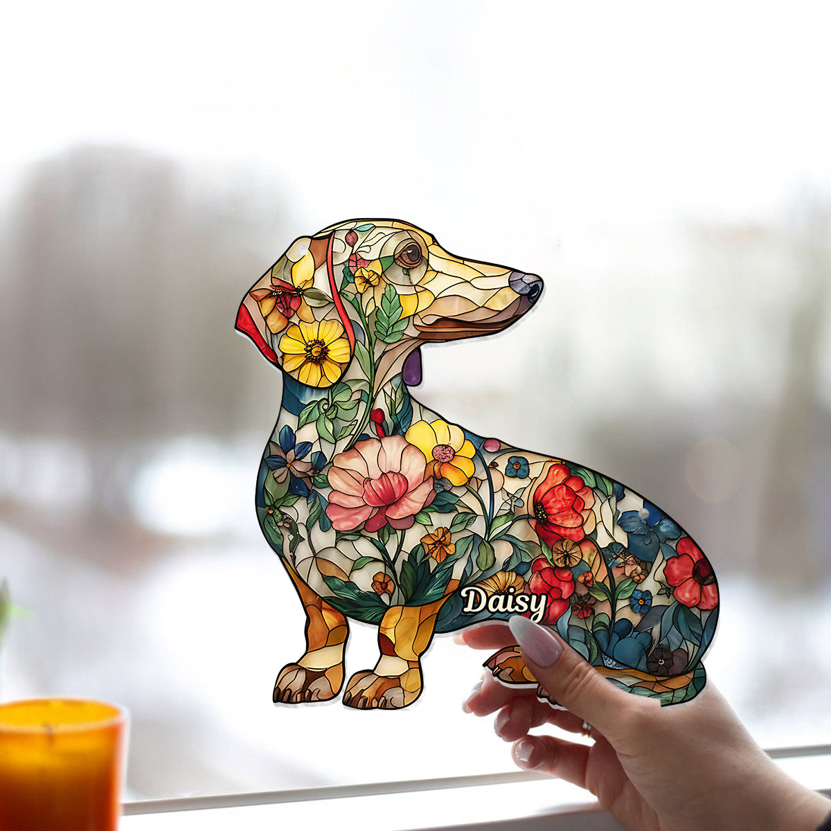 Floral Dogs - Personalized Dog Window Hanging Suncatcher Ornament