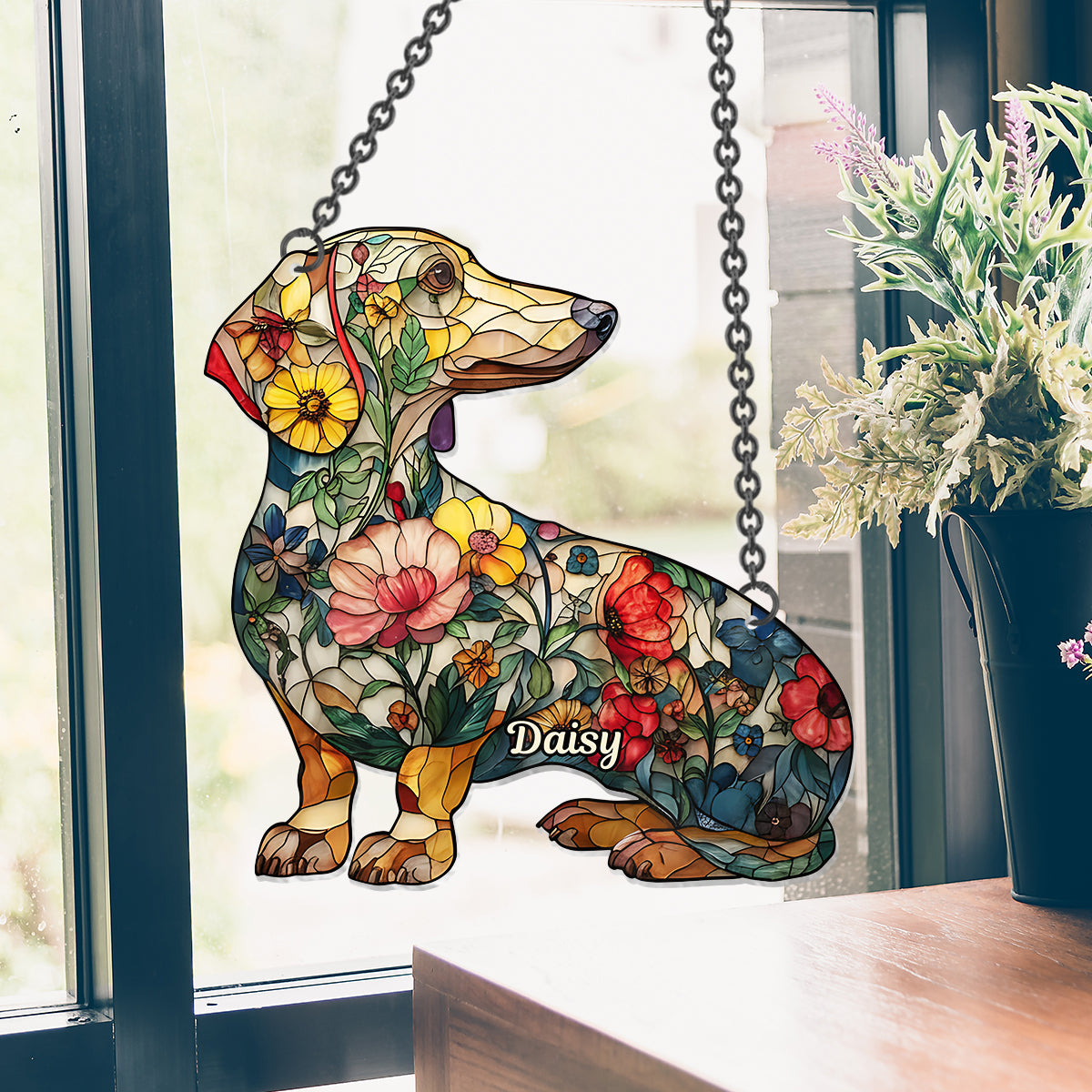 Floral Dogs - Personalized Dog Window Hanging Suncatcher Ornament