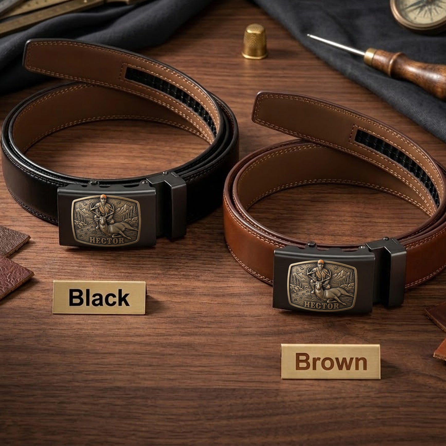 Custom Initial Name Letter Hunting Lover - Personalized Hunting Leather Belt With Shaped Buckle