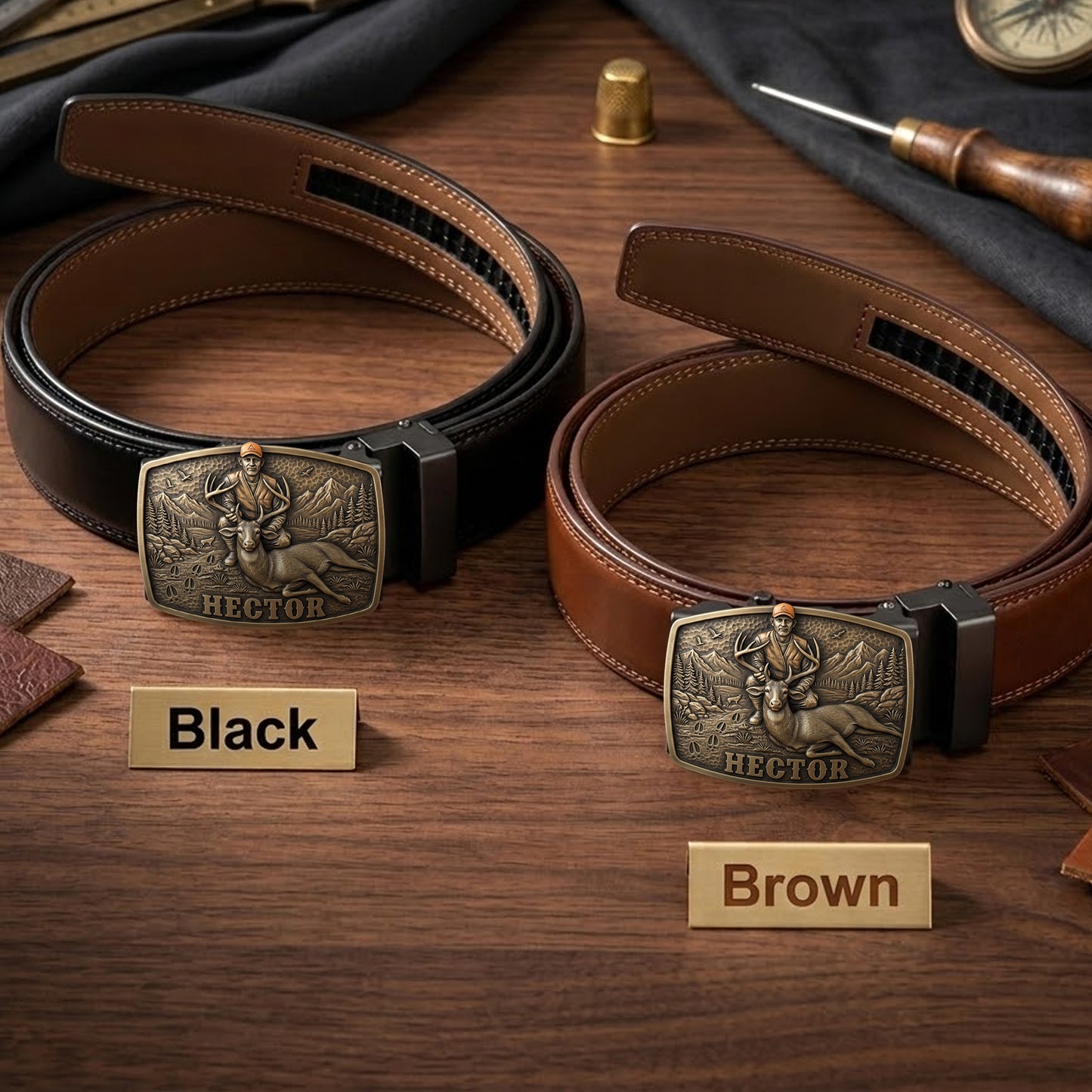 Custom Initial Name Letter Hunting Lover - Personalized Hunting Leather Belt With Shaped Buckle