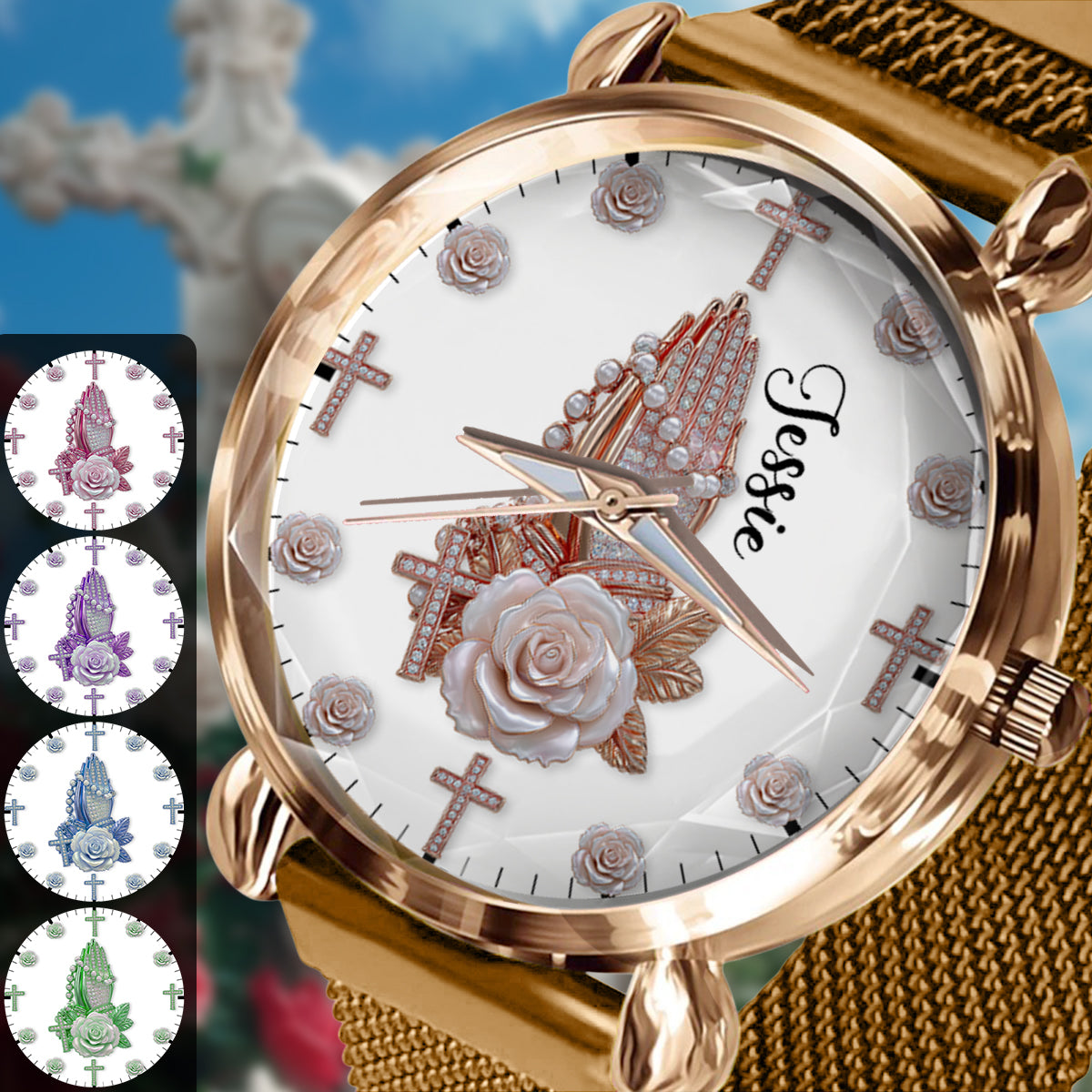 Praying Hands With Roses - Personalized Christian Women Hand Watch