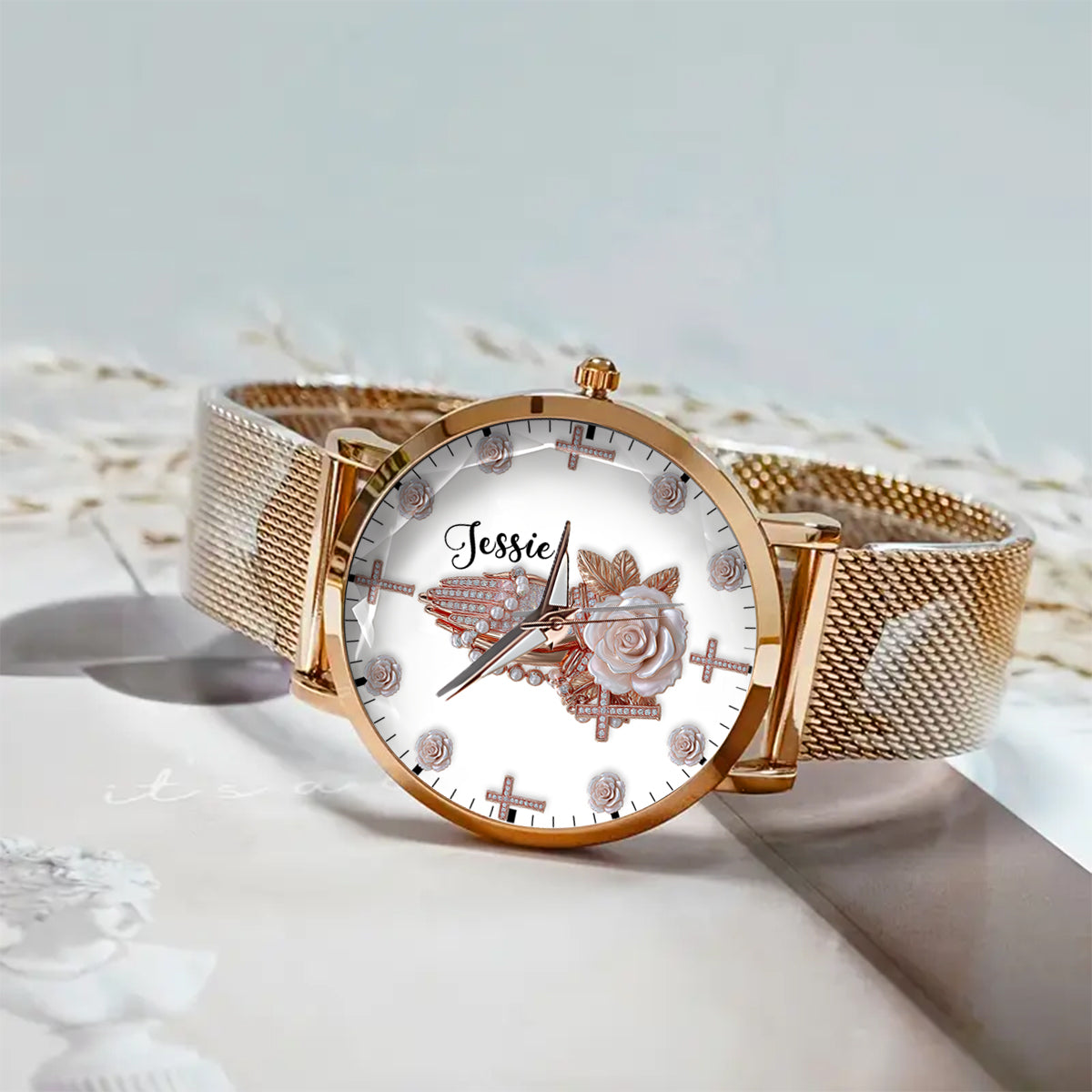 Praying Hands With Roses - Personalized Christian Women Hand Watch