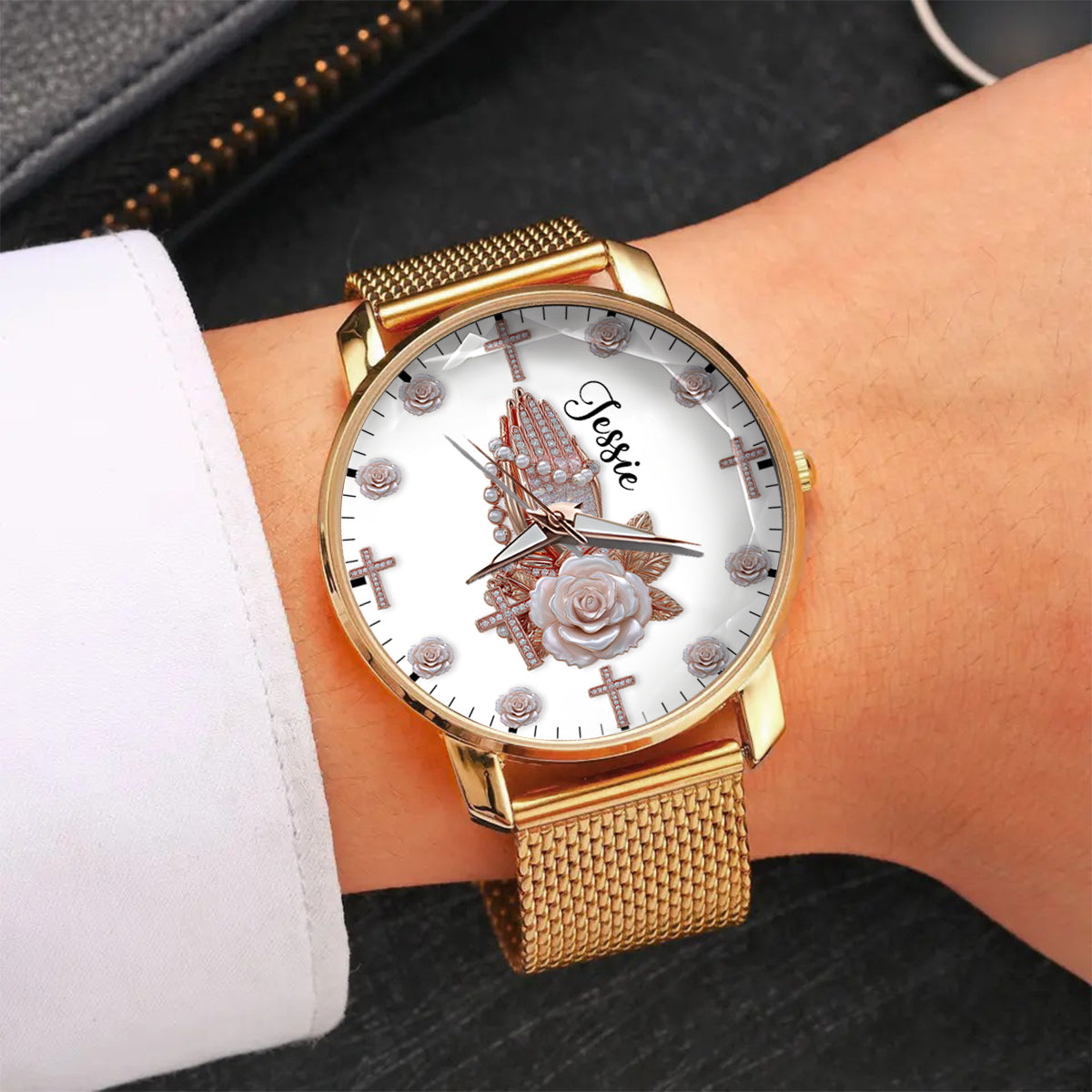 Praying Hands With Roses - Personalized Christian Women Hand Watch