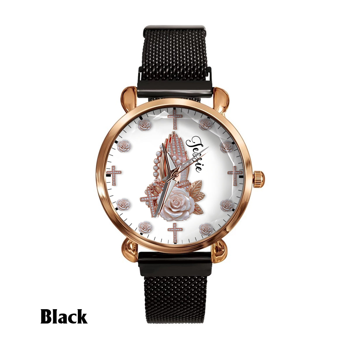 Praying Hands With Roses - Personalized Christian Women Hand Watch