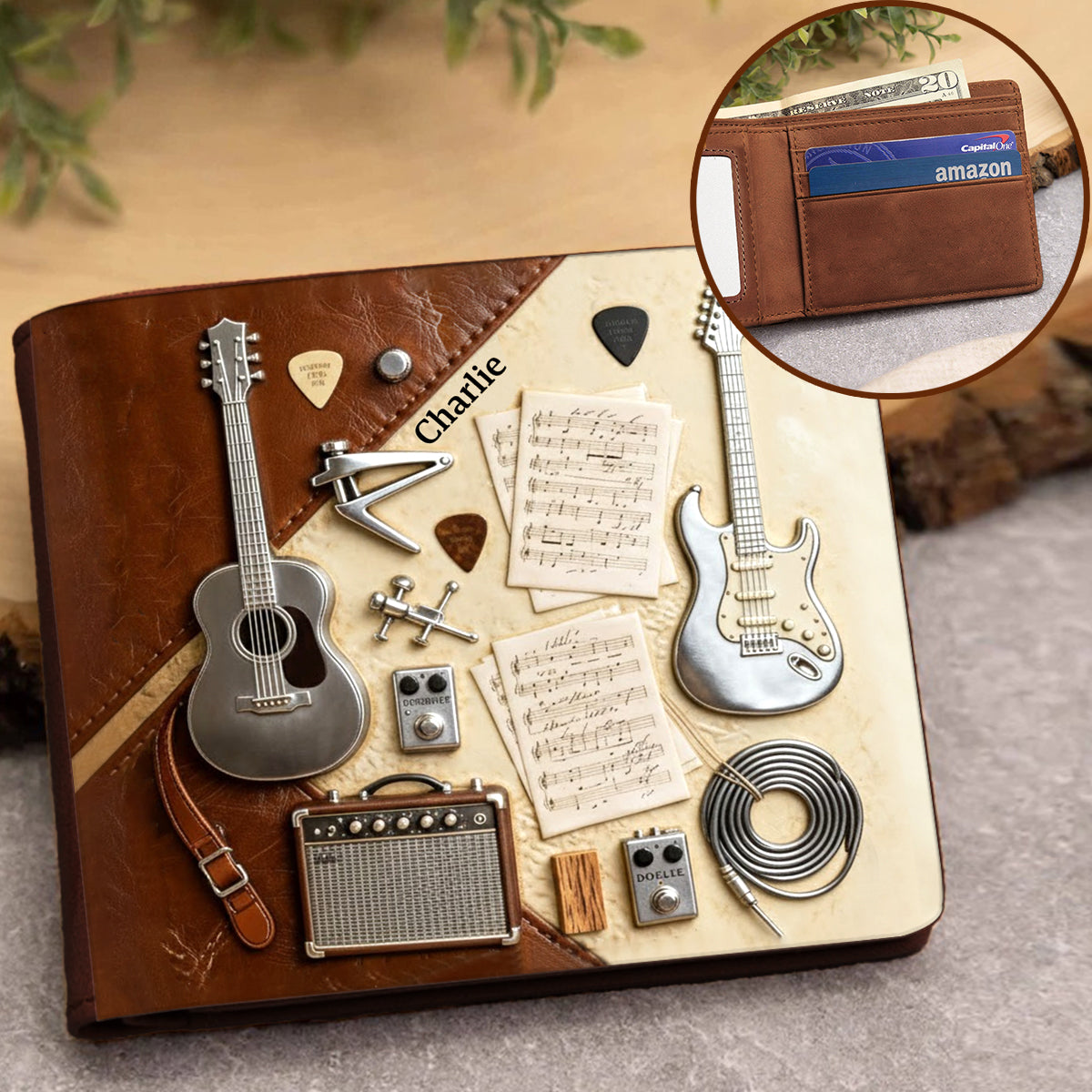 Portefeuille en cuir personnalisé pour guitariste