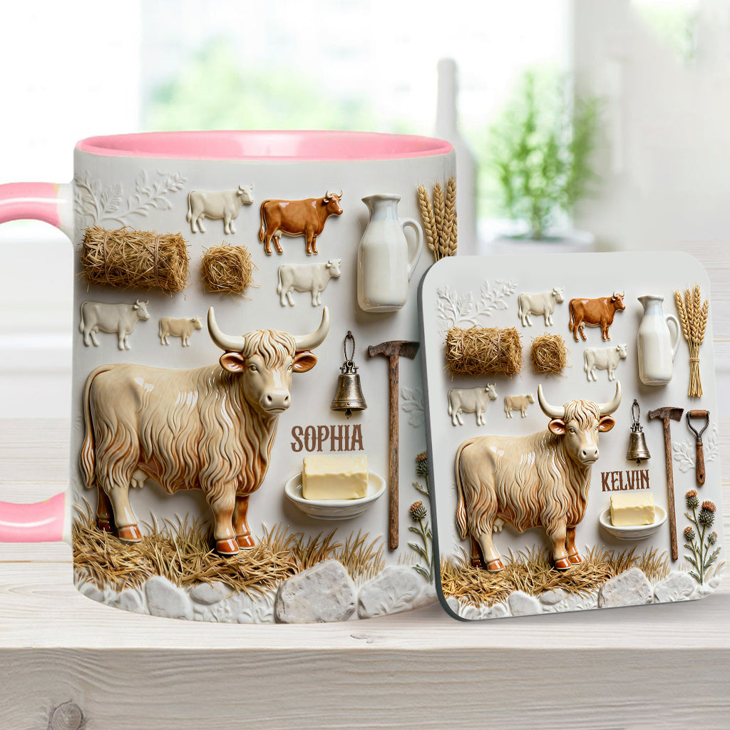 Cute Highland Cows - Personalized Highland Cow Accent Mug & Coaster