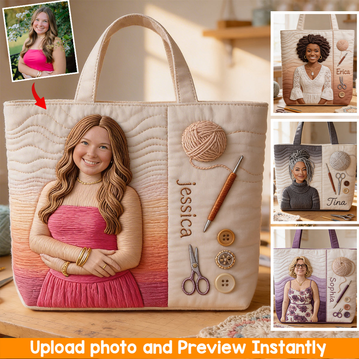 Custom Any Photo Love Crocheting - Personalized Crocheting Quilted Tote Bag