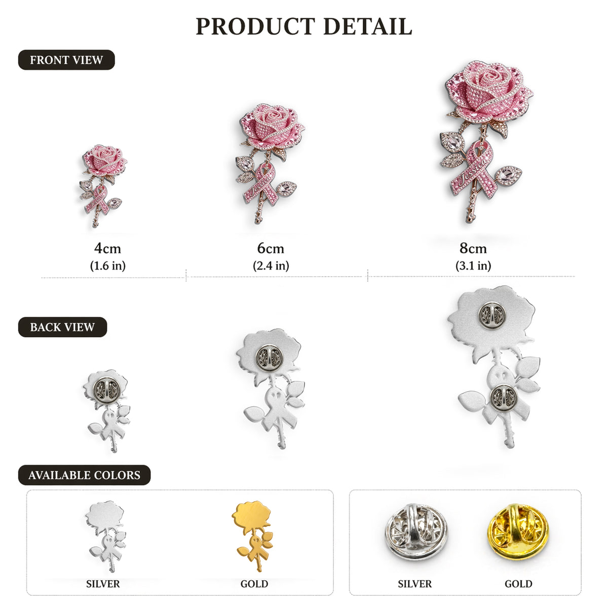 Strong Like A Rose With Thorns - Personalized Breast Cancer Awareness 3D Embossed Enamel Pin