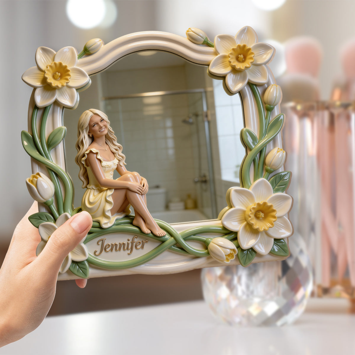 Miroir mural personnalisé avec photo et fleur - Miroir mural « Amour de soi »