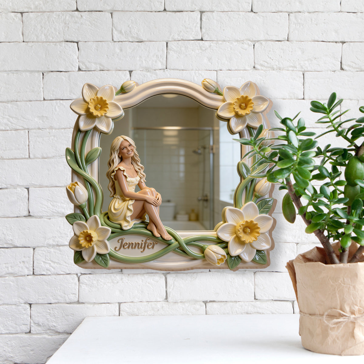 Miroir mural personnalisé avec photo et fleur - Miroir mural « Amour de soi »