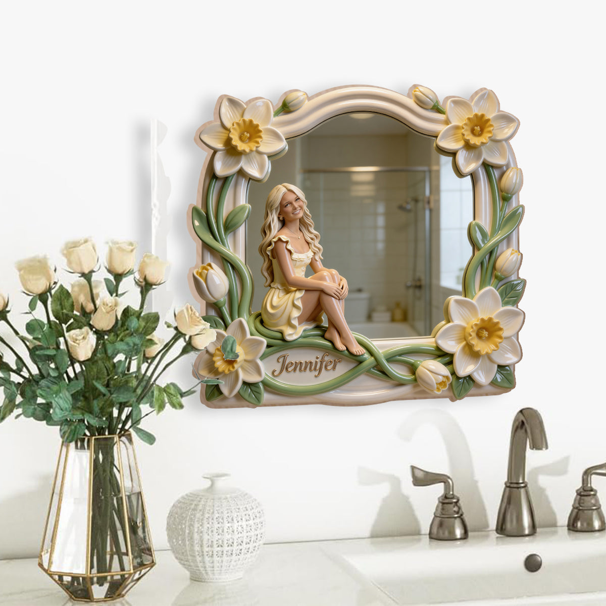 Miroir mural personnalisé avec photo et fleur - Miroir mural « Amour de soi »