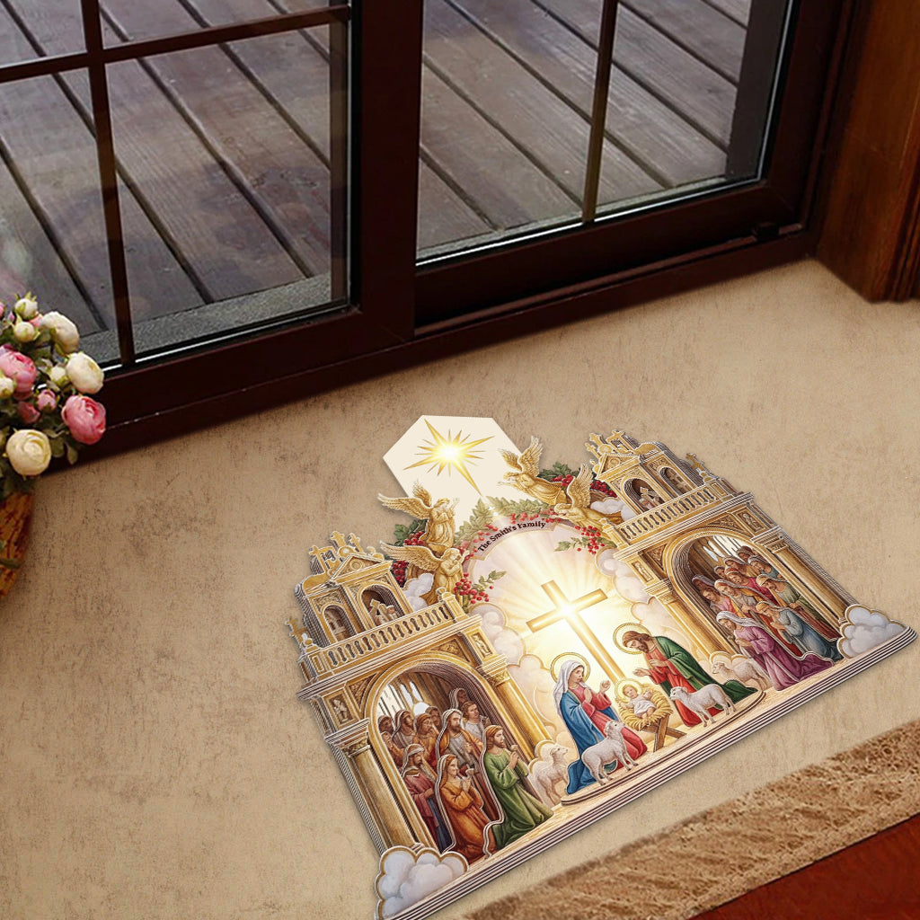 Crèche de Jésus - Paillasson/Tapis de porte chrétien personnalisé en forme de motif chrétien