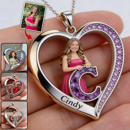 Custom Any Photo Birthstone Style Initial Name Letter - Personalized Birth Stone Shaped Metal Pendant Necklace