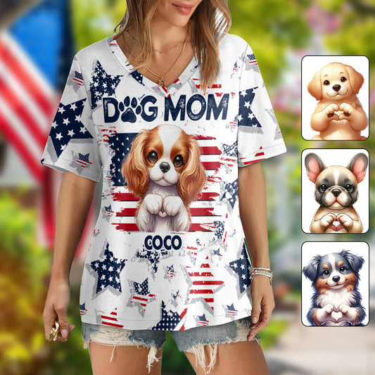 Maman de chien patriote - T-shirt à col en V personnalisé avec impression intégrale pour chien