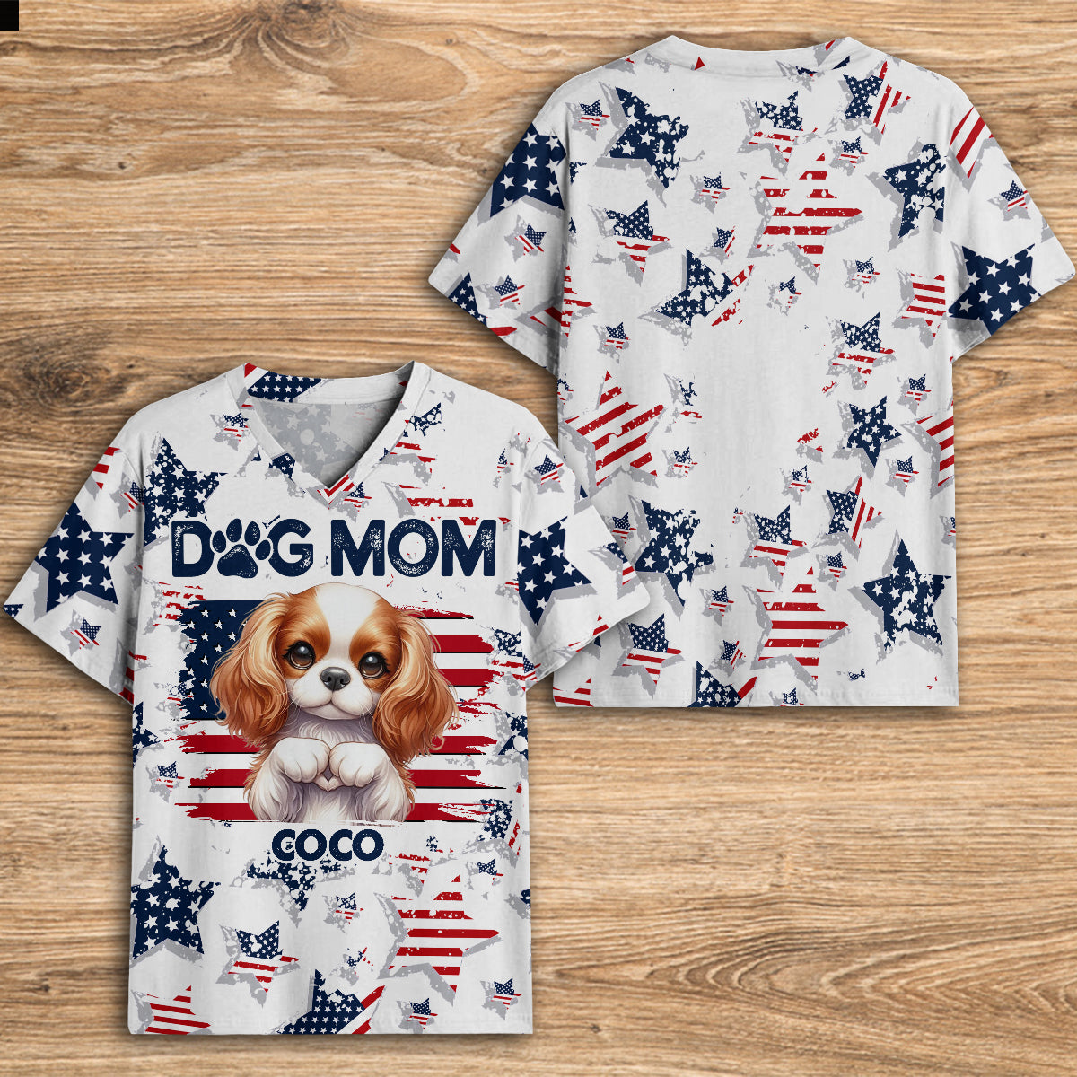 Maman de chien patriote - T-shirt à col en V personnalisé avec impression intégrale pour chien