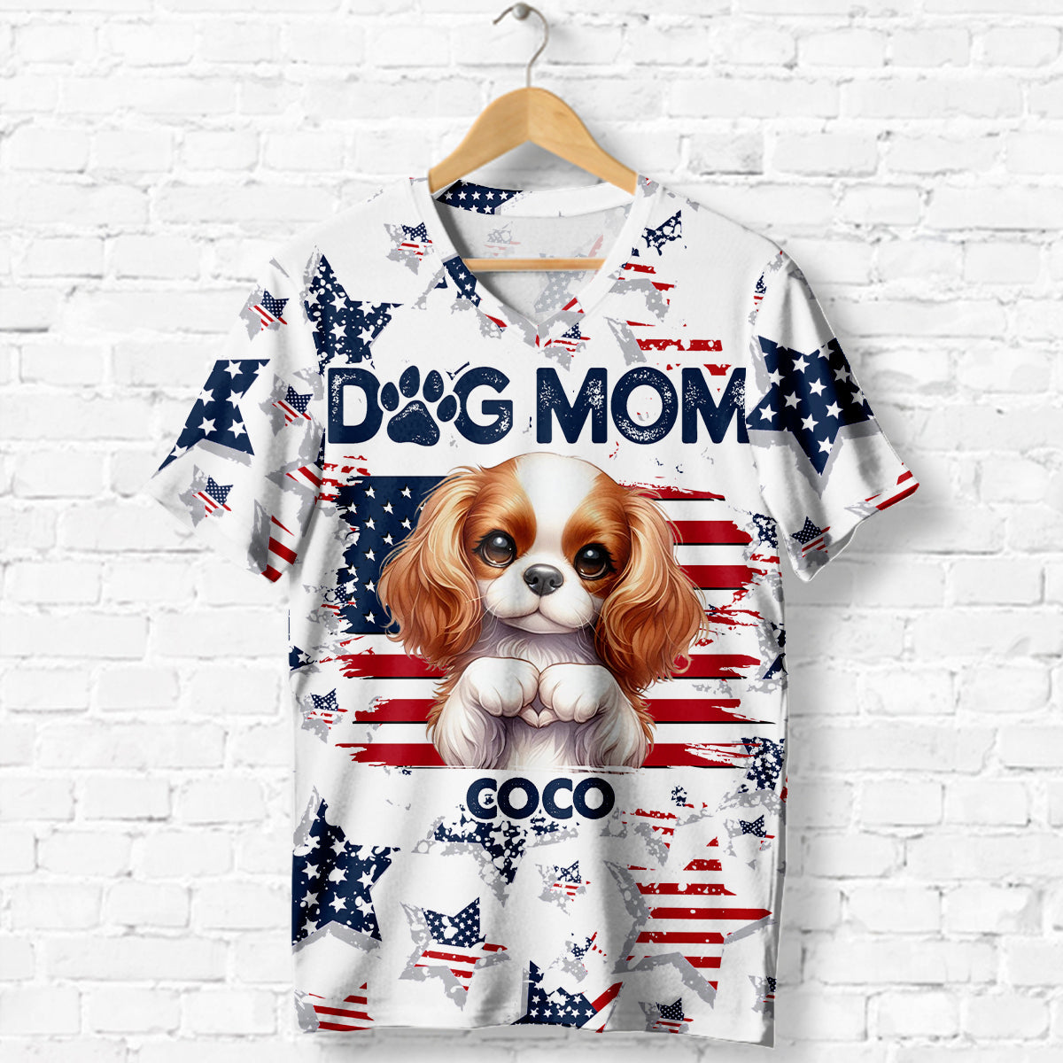 Maman de chien patriote - T-shirt à col en V personnalisé avec impression intégrale pour chien
