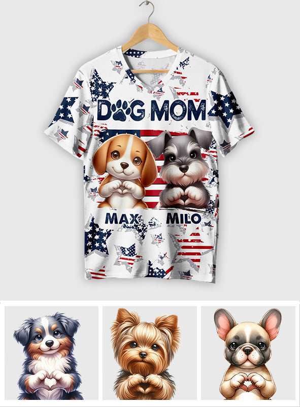 Maman de chien patriote - T-shirt à col en V personnalisé avec impression intégrale pour chien