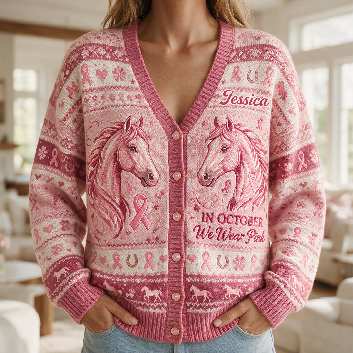 In October We Wear Pink - Personalized Breast Cancer Awareness Cardigan Sweater
