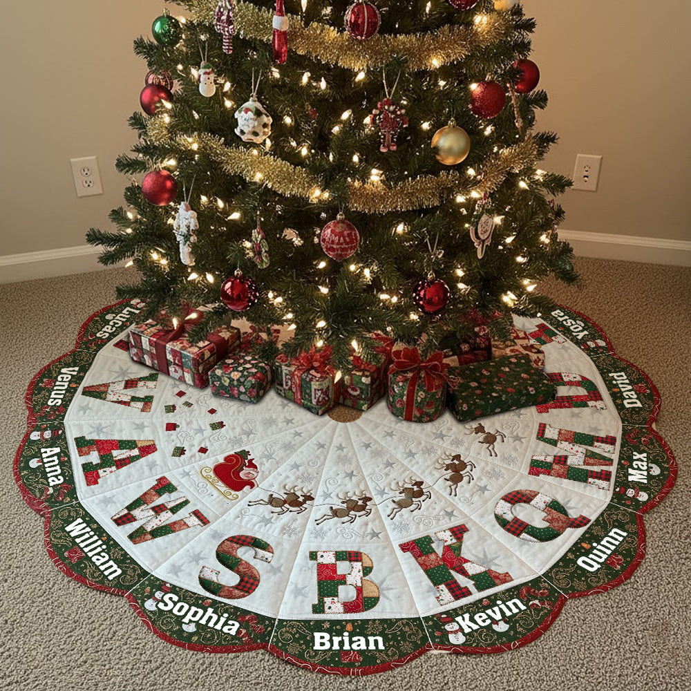 Jupe de sapin de Noël personnalisée, écusson avec initiales de famille - Jupe de sapin personnalisée en forme de famille