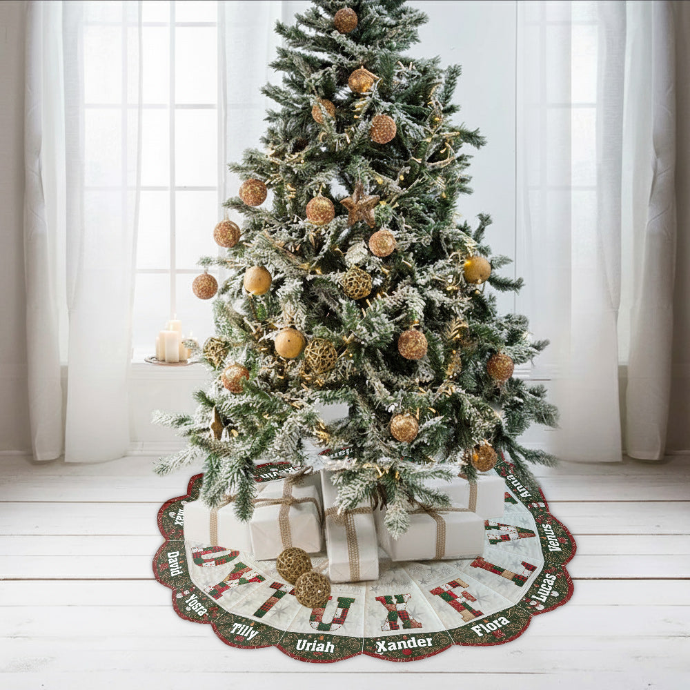 Jupe de sapin de Noël personnalisée, écusson avec initiales de famille - Jupe de sapin personnalisée en forme de famille