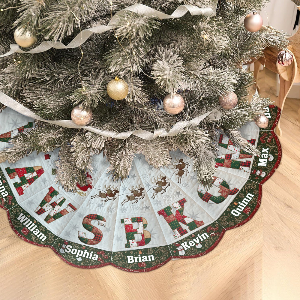 Jupe de sapin de Noël personnalisée, écusson avec initiales de famille - Jupe de sapin personnalisée en forme de famille