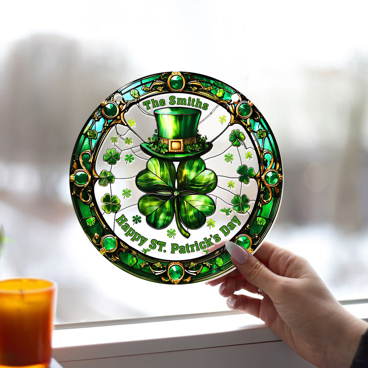 Happy Patrick Day - Personalized Family Window Hanging Suncatcher Ornament