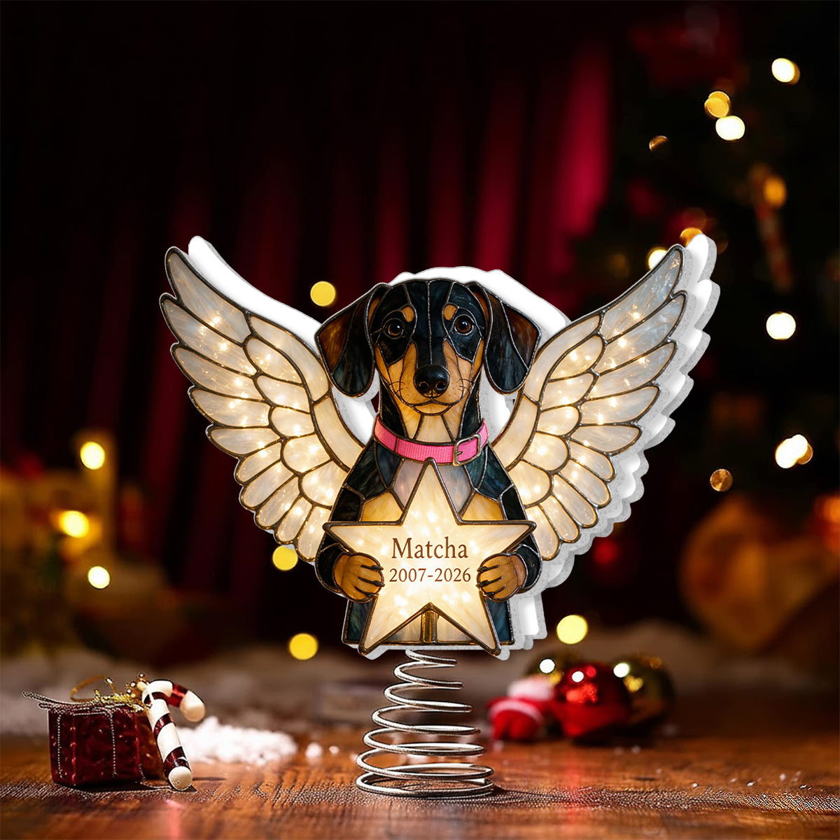 Our Christmas Angel - Personalized Dog LED Light Tree Topper