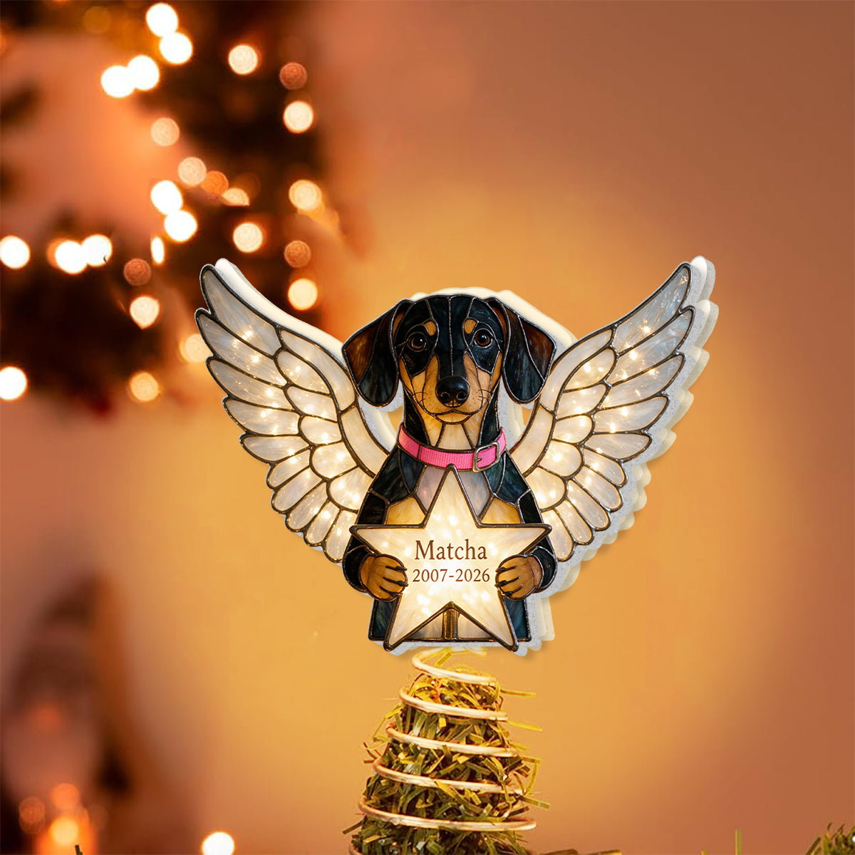 Our Christmas Angel - Personalized Dog LED Light Tree Topper