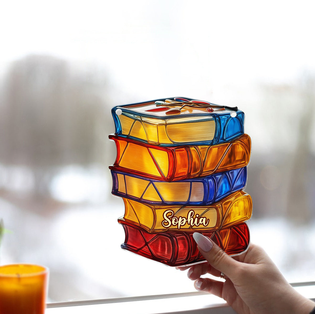 Stacked Books Stained Glass - Personalized Book Window Hanging Suncatcher Ornament