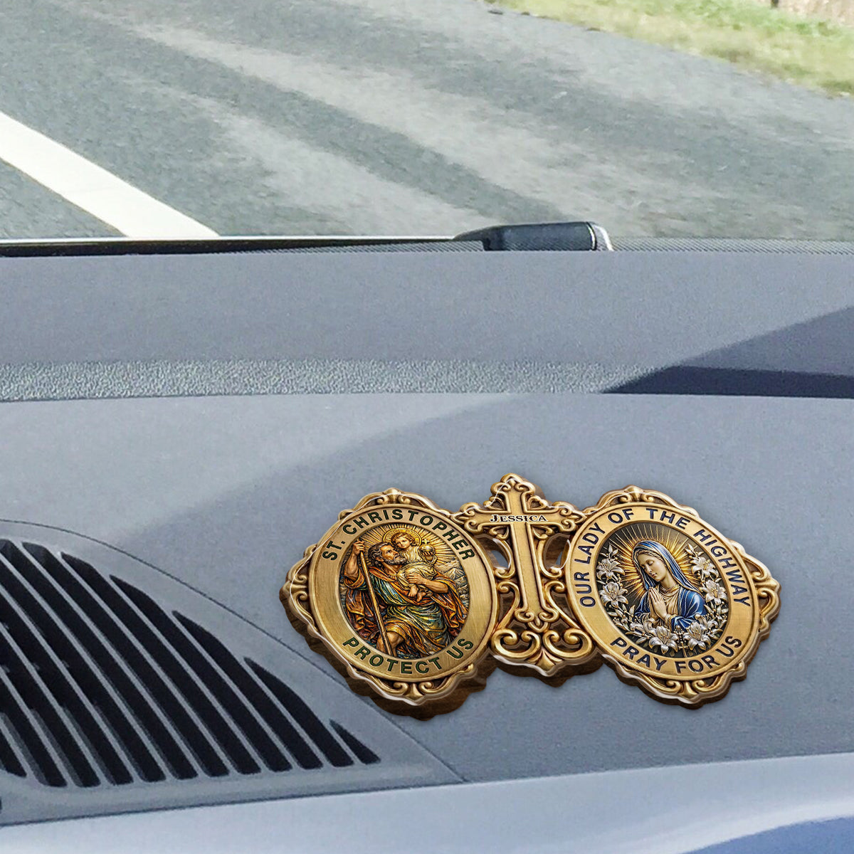 Protecting And Pray For Us - Personalized Christian Shaped Car Visor Clip