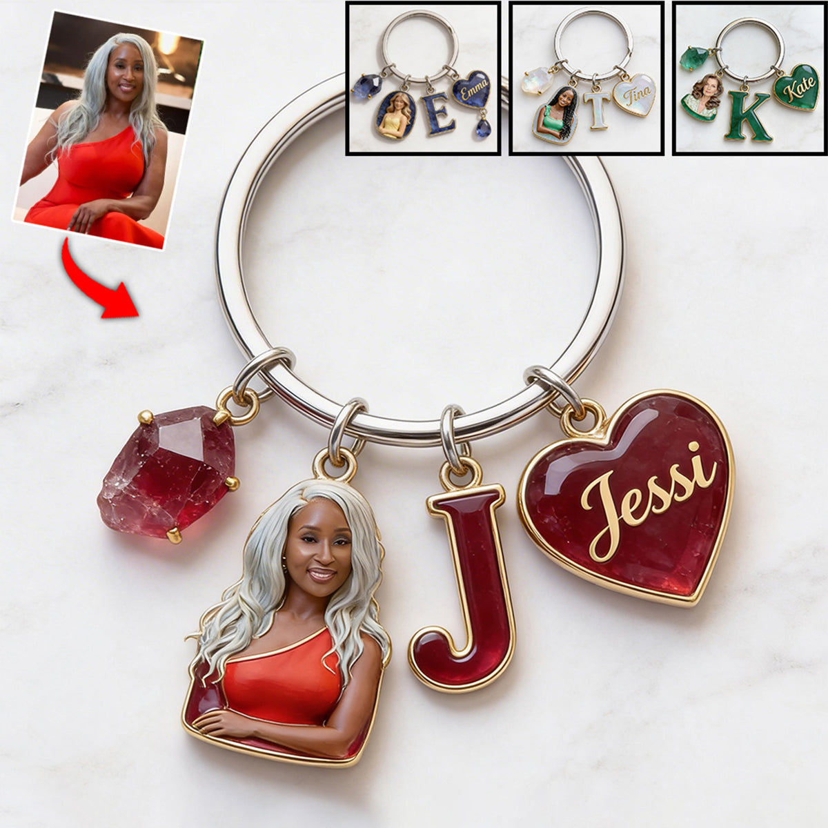 Custom Any Photo Birthstone Style - Personalized Birth Stone Keychain With Charms