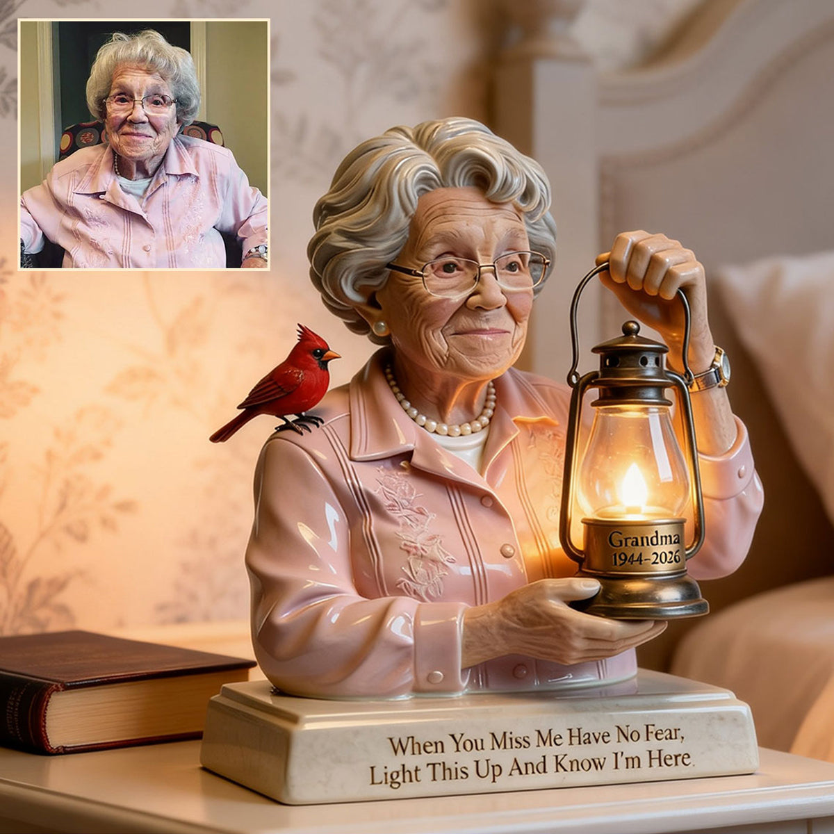 Cardinal Remembrance Lantern Statue - Personalized Memorial Acrylic LED Night Light