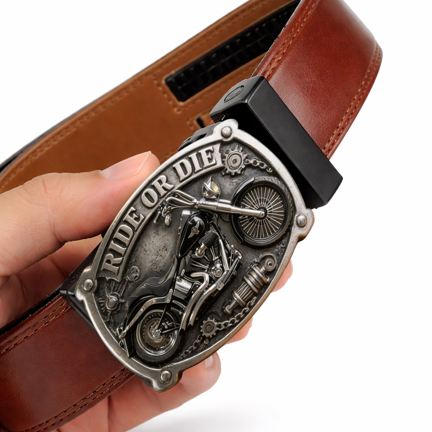 Custom From Any Photo - Personalized Biker Leather Belt With Shaped Buckle