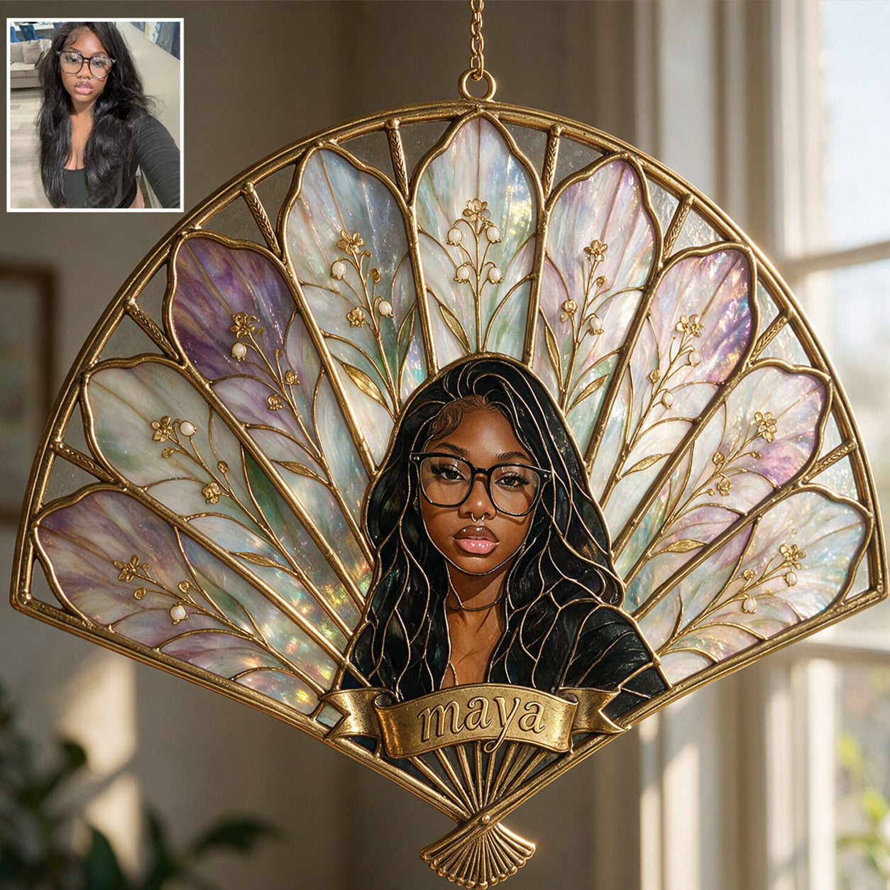 Elegant Floral Fan Glass Ornament - Personalized Self Love 3D Printed Glass Suncatcher
