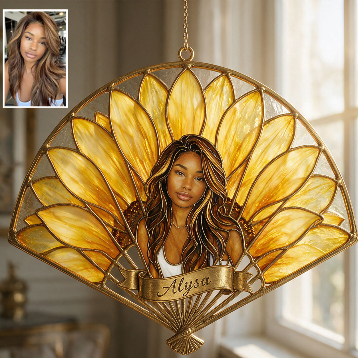 Elegant Floral Fan Glass Ornament - Personalized Self Love 3D Printed Glass Suncatcher