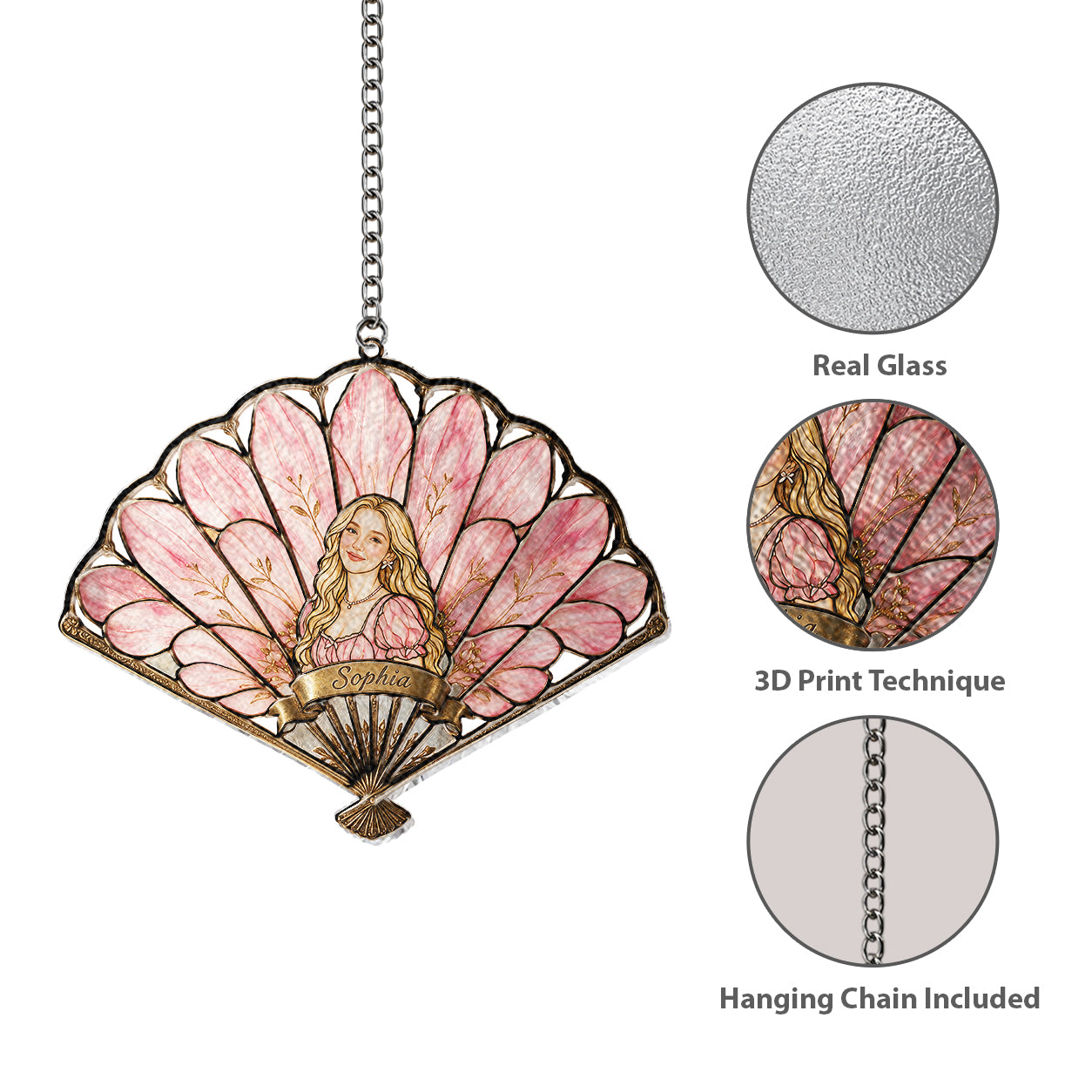 Elegant Floral Fan Glass Ornament - Personalized Self Love 3D Printed Glass Suncatcher