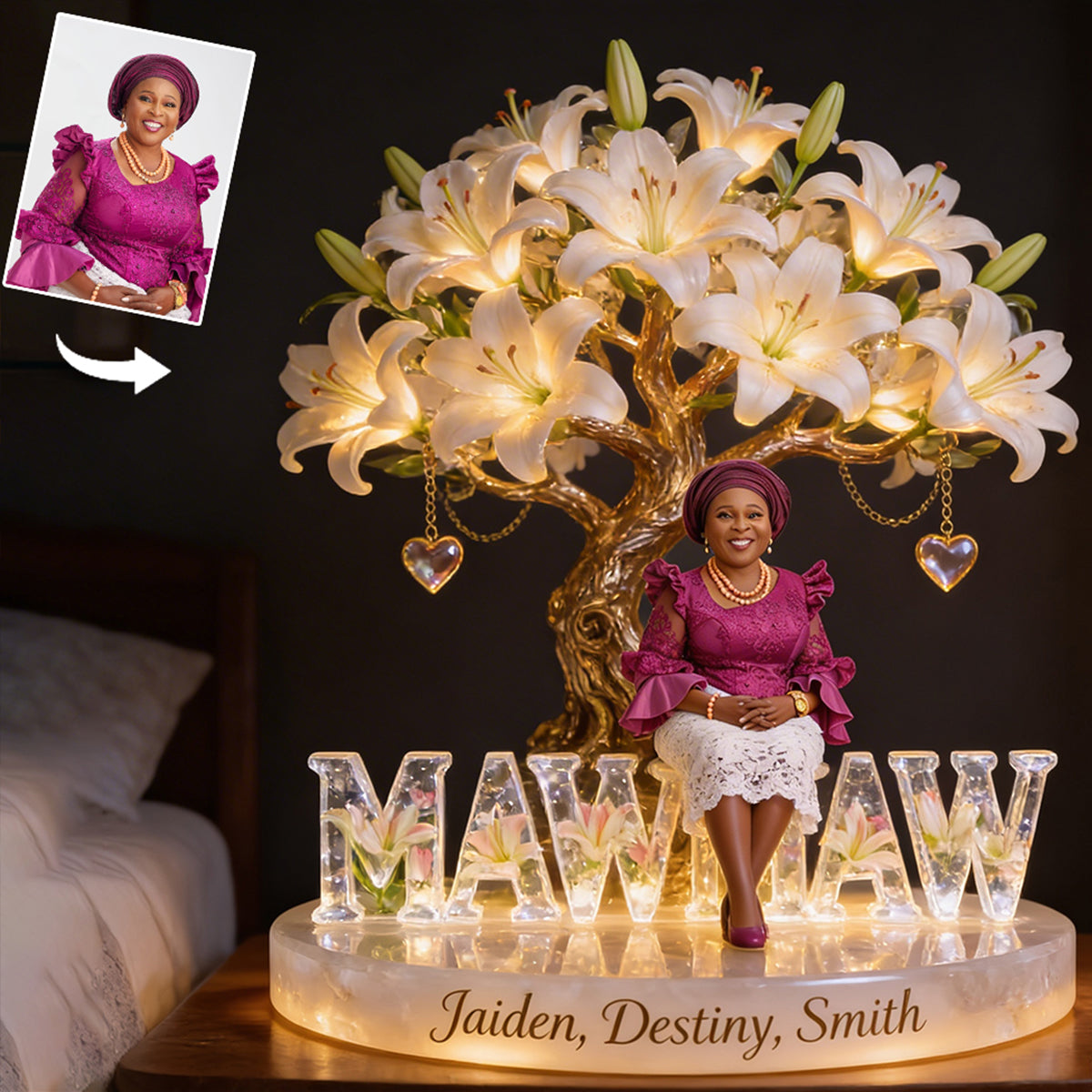 Custom Any Photo Flower Tree Gift For Mom, Grandma - Personalized Grandma Acrylic LED Night Light