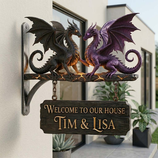 Panneau de Bienvenue Dragon Couple - Panneau en Bois Personnalisé