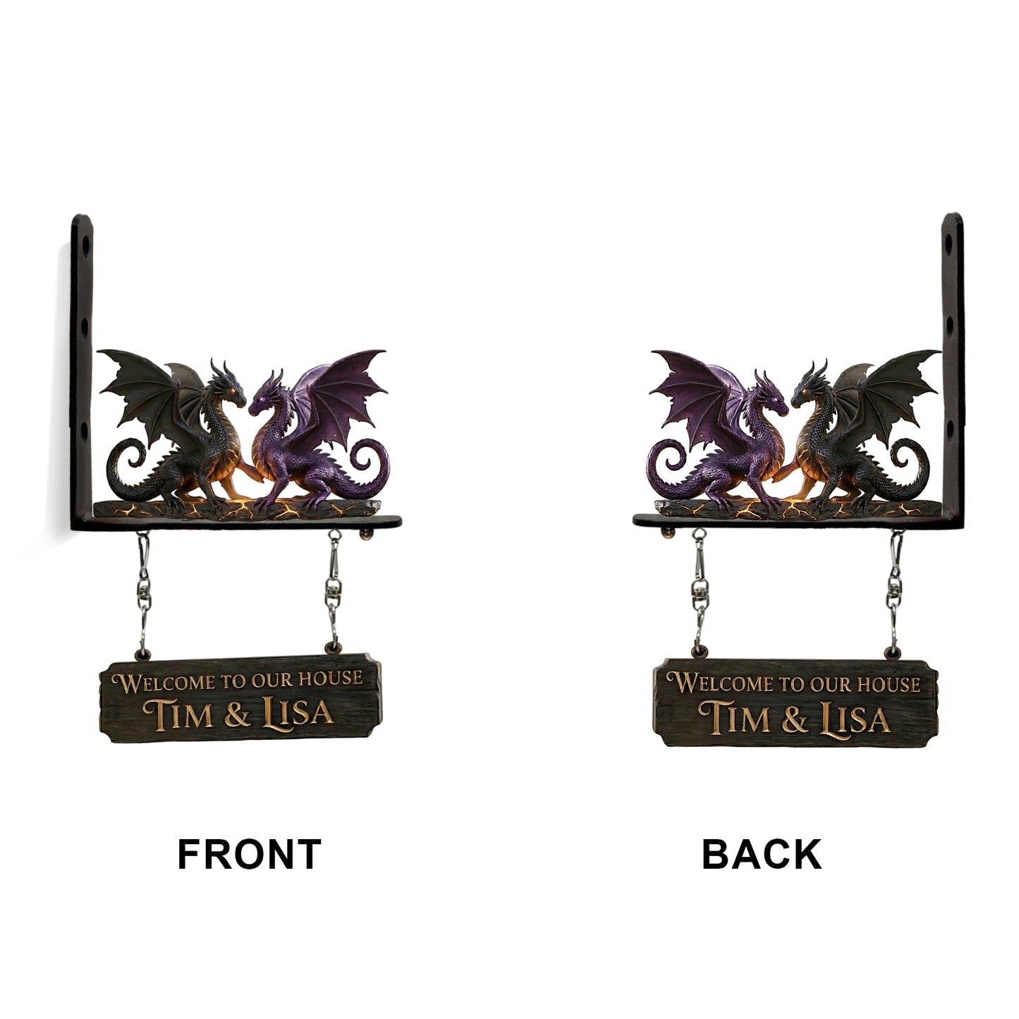 Dragon Couple Welcome Sign - Personalized Dragon Wooden Wall Mount Sign