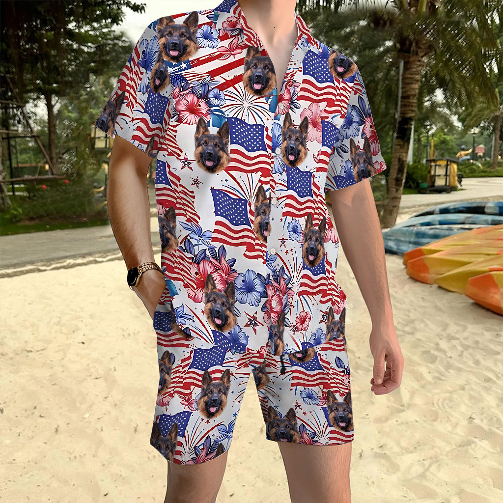 Chemise hawaïenne personnalisée pour chien et short pour homme « Chien patriotique » - Modèles patriotiques