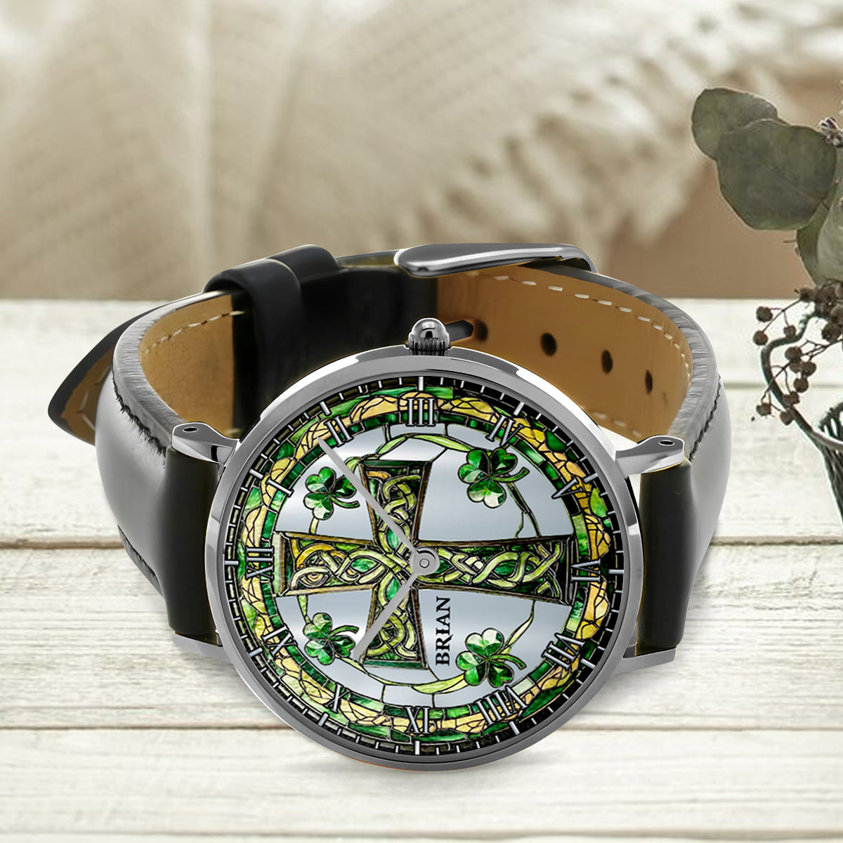 Montre irlandaise personnalisée Croix Celtique Trèfle