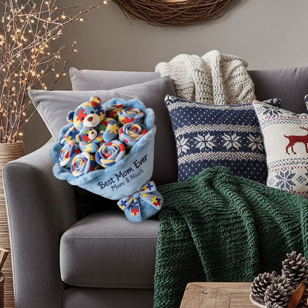 Strong Mama - Coussin en fausse fourrure personnalisé pour la sensibilisation à l'autisme