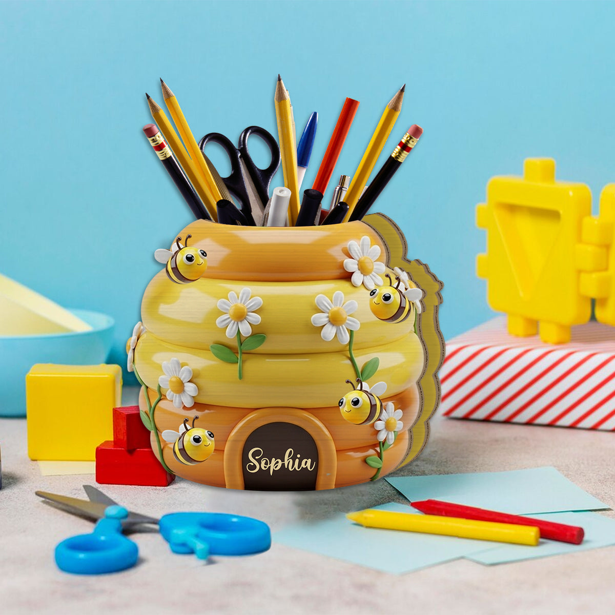 Adorable ruche - Porte-stylo en bois personnalisé en forme d'abeille